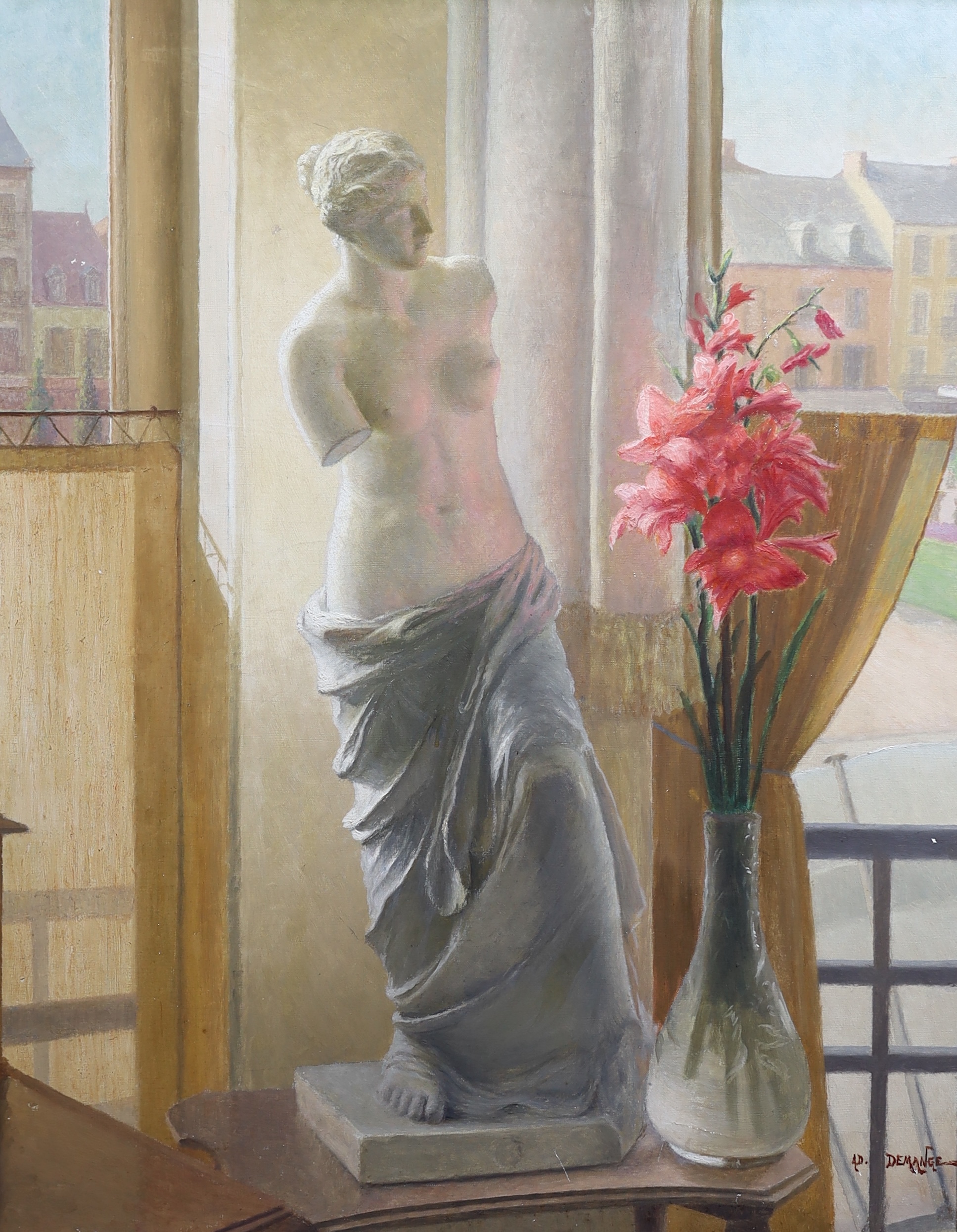 Adolphe Demange (French, 1857-1928), oil on canvas, 'Venus de Milo sculpture and gladioli in the window', signed, 97 x 77cm